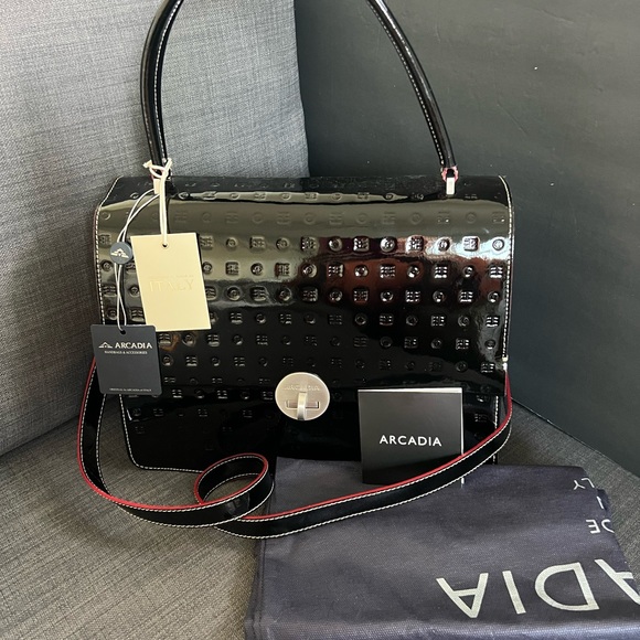 NWT ARCADIA 1473 PATENT LEATHER SATCHEL HANDBAG PURSE MADE IN ITALY - Picture 11 of 11